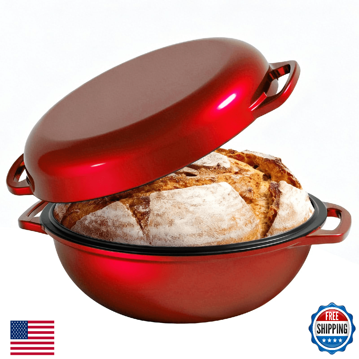 2-in-1 Multifunctional Enameled Cast Iron Dutch Oven, 6QT Loaf Pan with Dual Han - Image 1