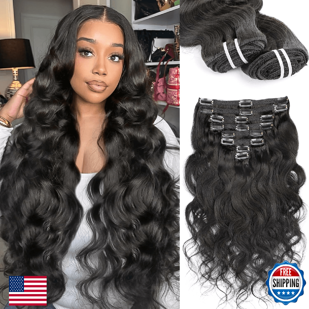 Clip in Hair Extensions Real Human Hair Extensions Clip Ins 95 Gram Body Wave 18 - Image 1