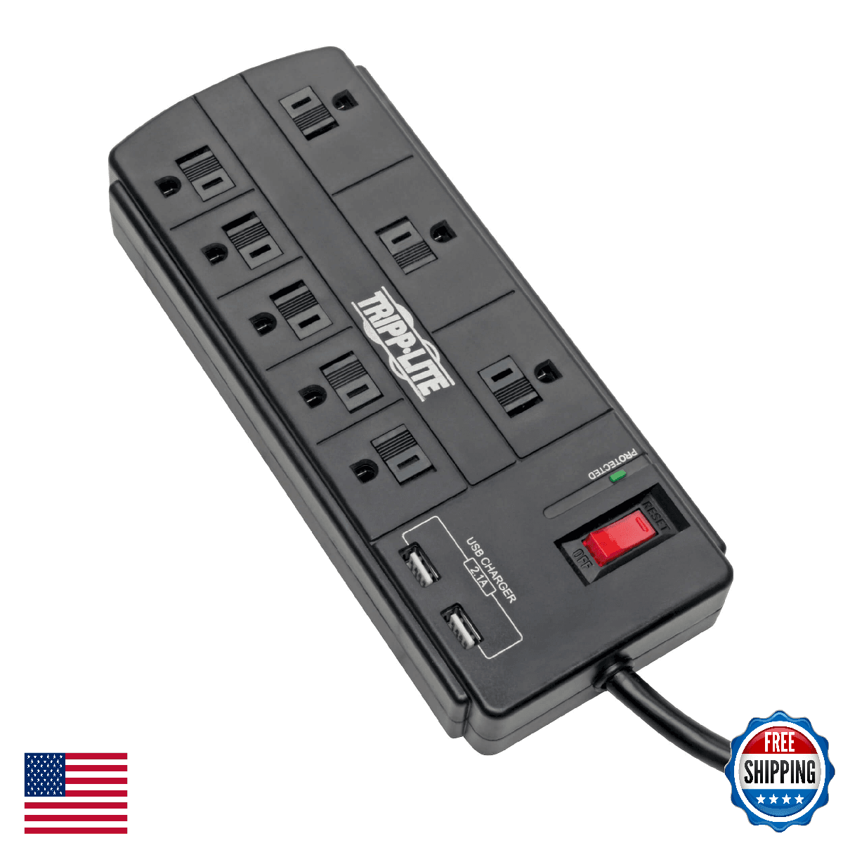 Tripp Lite 8-Outlet Surge Protector Power Strip USB Charging 8ft Cord 1200J - Image 1