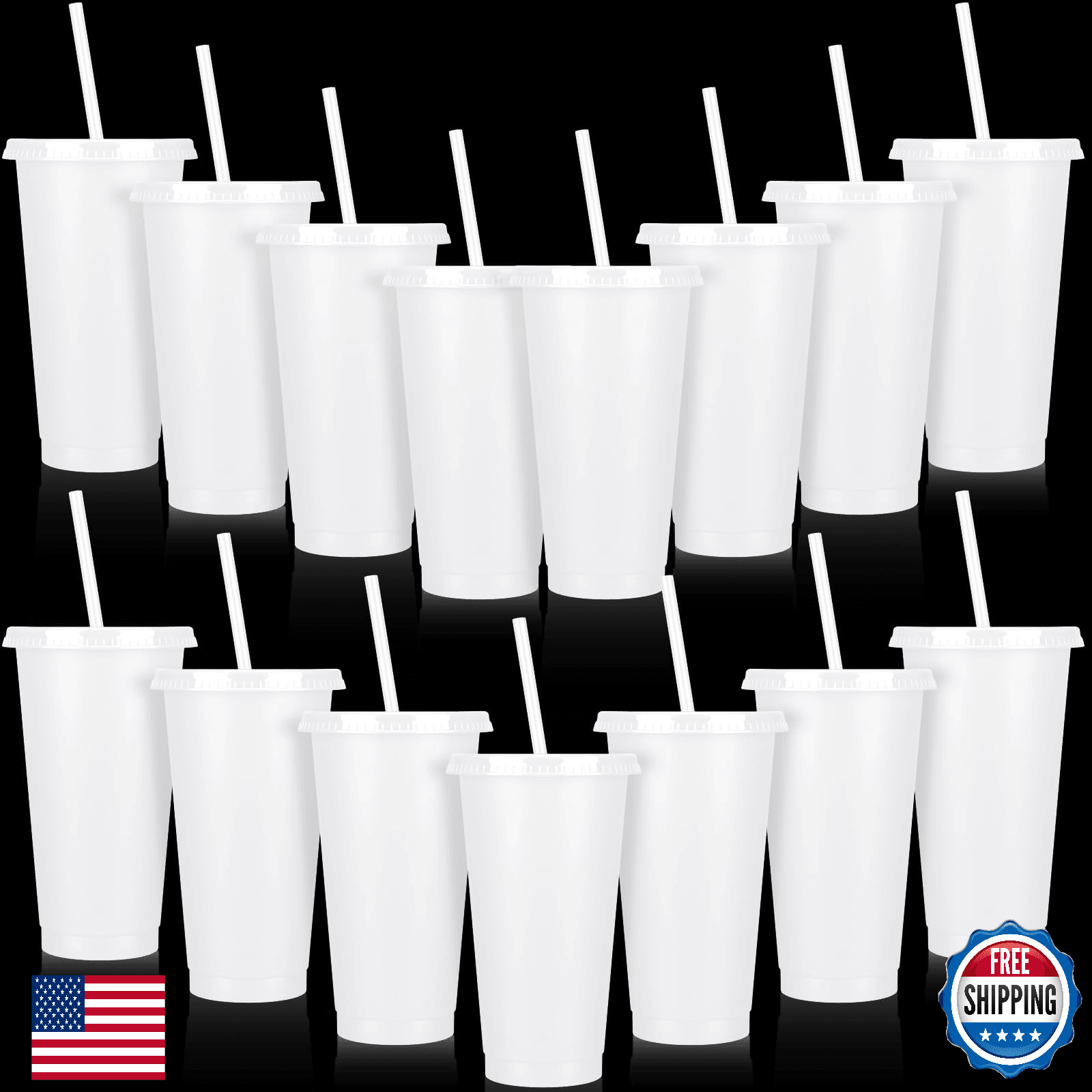 Bokon 15 Sets 24 oz White Reusable Plastic Tumblers with Lids & Straws Bulk - Image 1