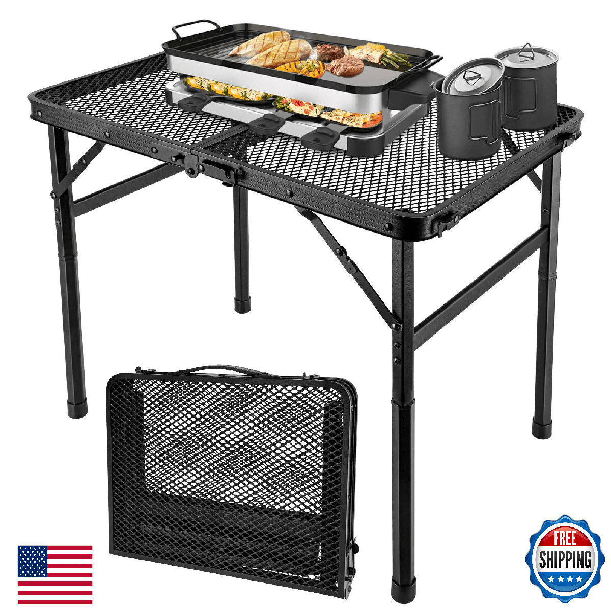 GDDGHS Folding Camping Table Portable Metal Grill Table Outdoor BBQ Mesh 2x1.3ft - Image 1