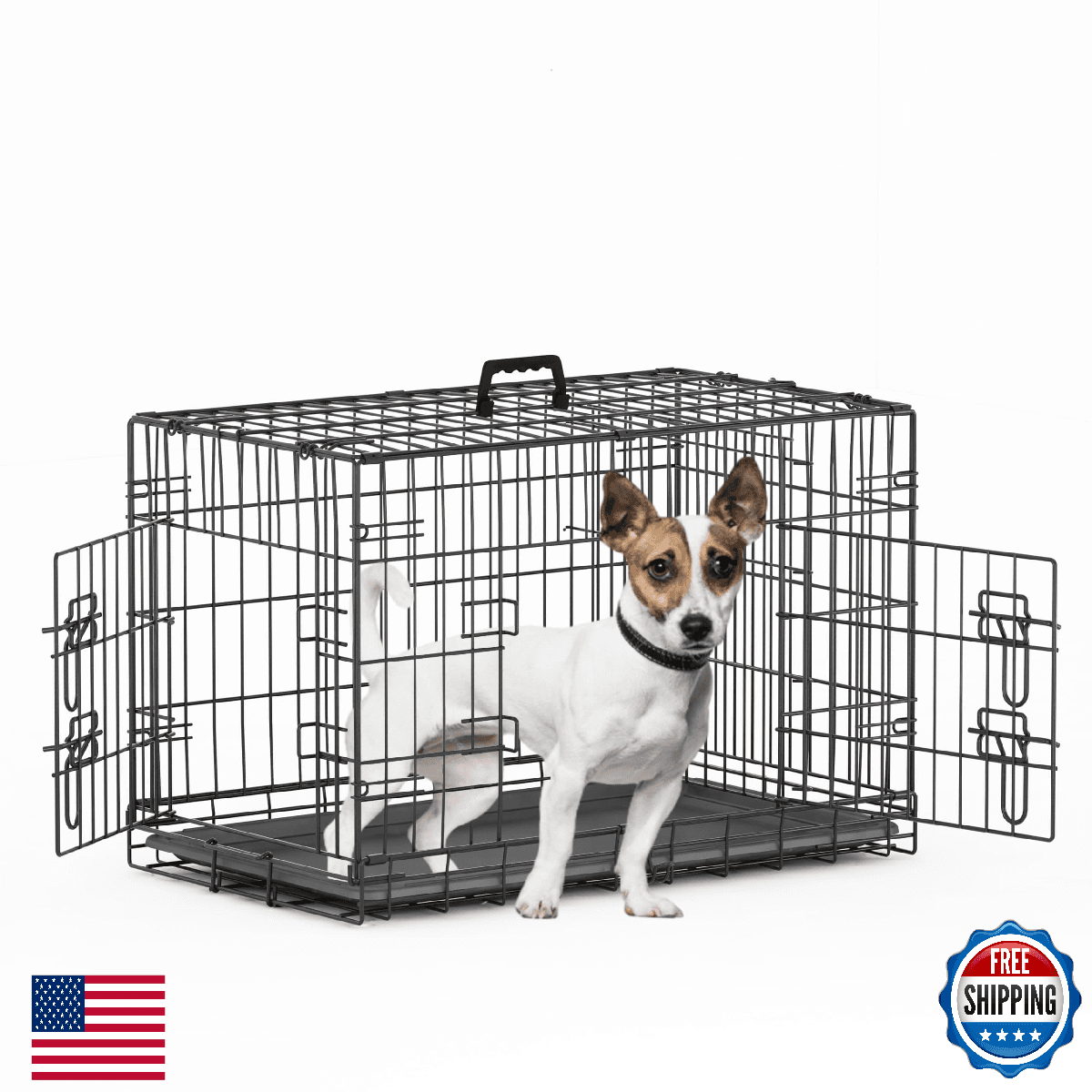 Piskyet 30 Inch Double Door Dog Crate with Divider Leak-Proof Pan Folding Metal - Image 1