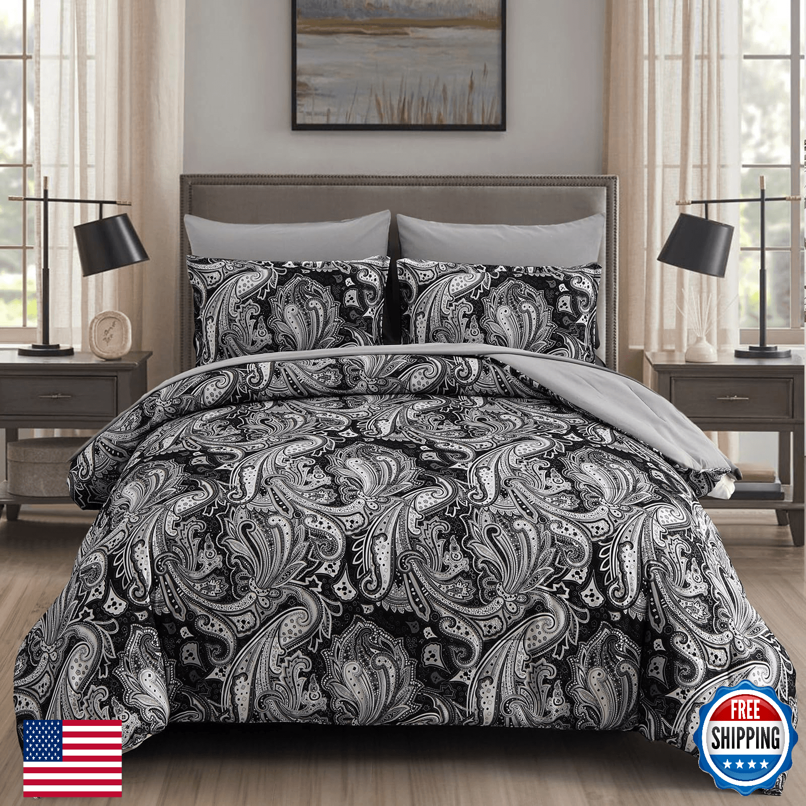 DJY Black Paisley Comforter Set Queen Size 7 Piece Bed in a Bag Black Gray Boho - Image 1