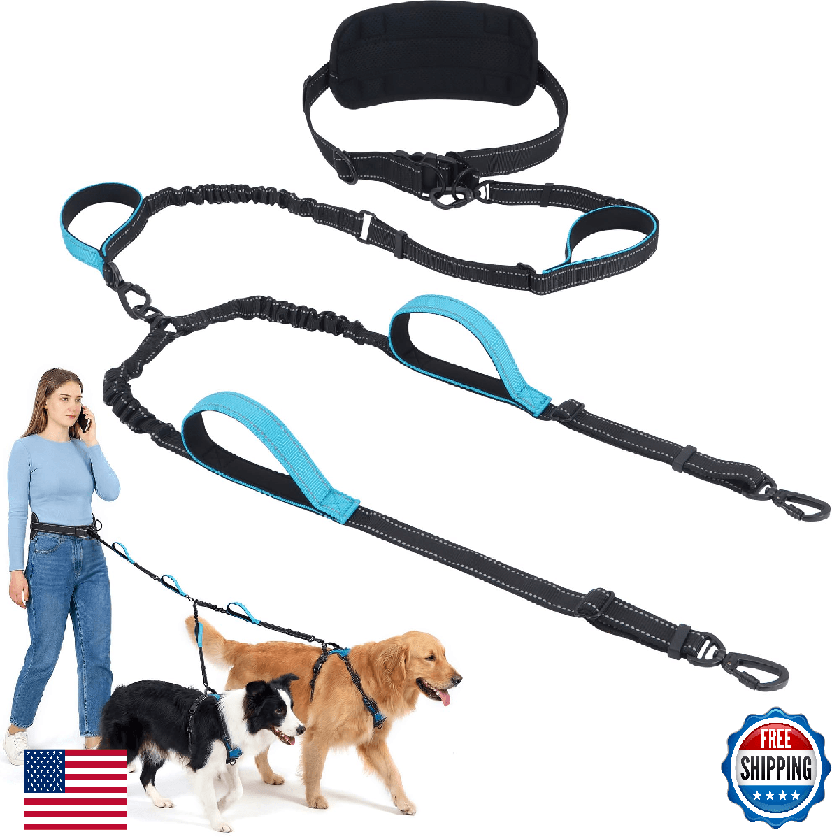 Hands Free Leash for 2 Large Dogs No Tangle Waist Walking Bungee Leash 6-8 FT Du - Image 1