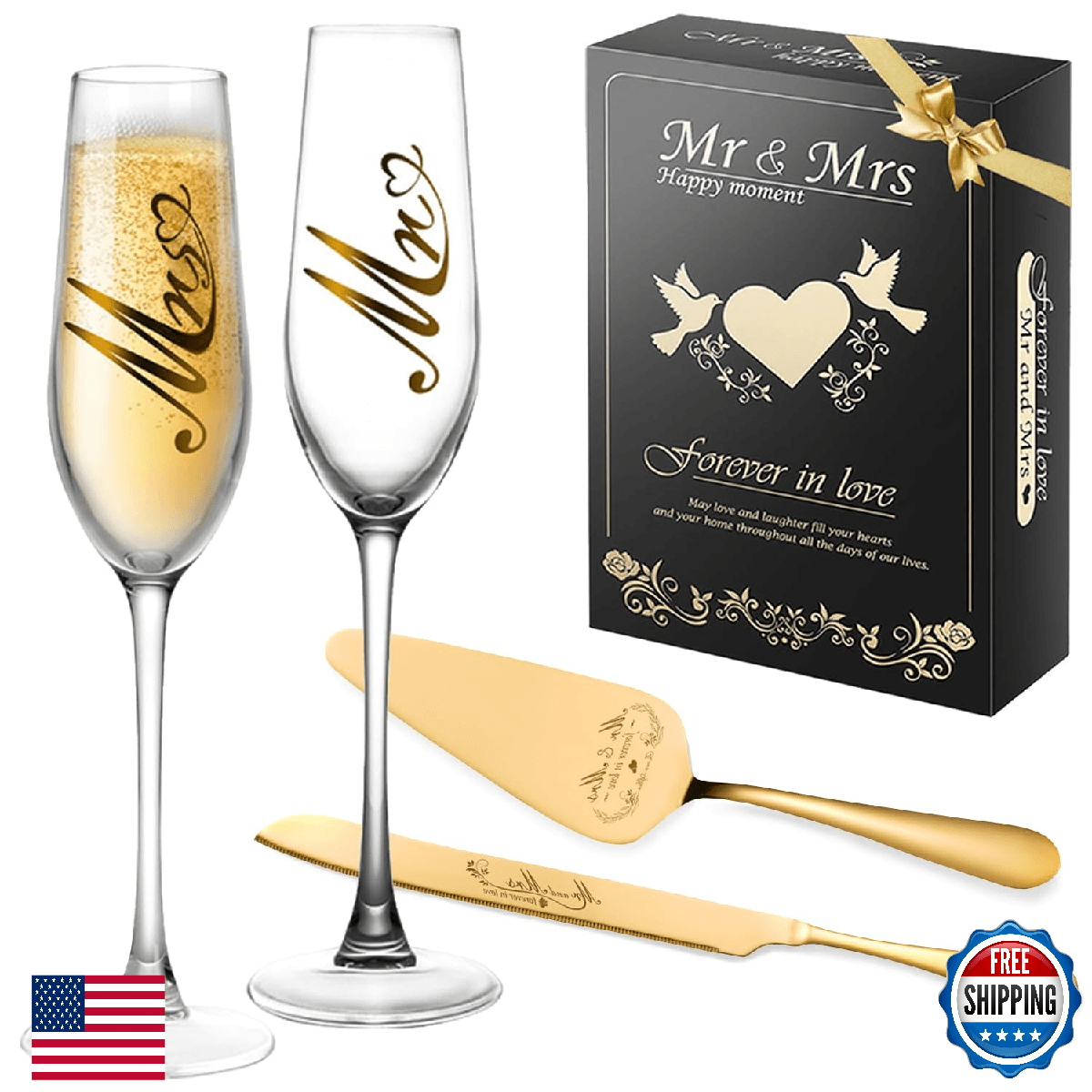 Mr and Mrs Champagne Flutes, Wedding Cake Knife and Server Set, Bride and Groom - Image 1