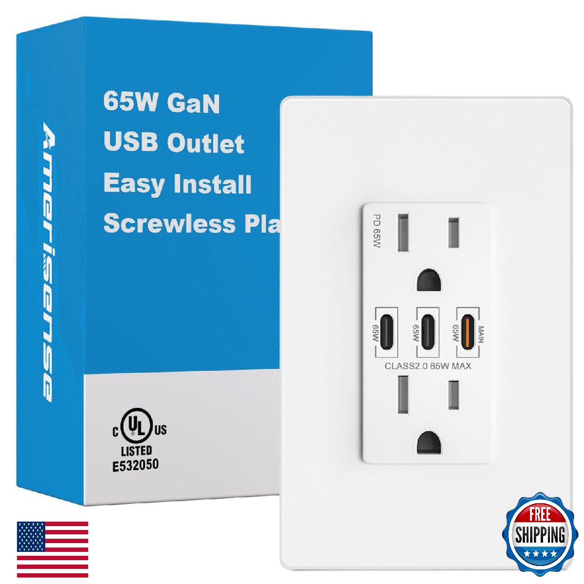 Amerisense GaN 65W 3-Port USB Wall Outlet, 15 Amp Tamper-Resistant Receptacle wi - Image 1