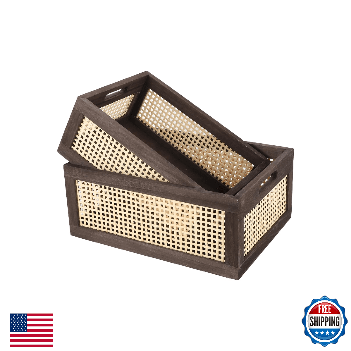 Rattan Wicker Storage Baskets for Shelves, Wooden Crate - Set of 2 (Brown) - Image 1