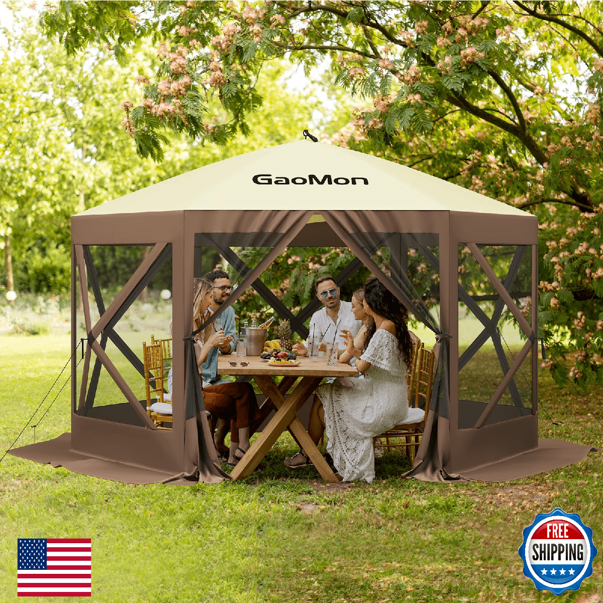 GAOMON 10x10ft Camping Gazebo Portable Pop Up Canopy Screen Tent 6-Sided w/Mesh - Image 1