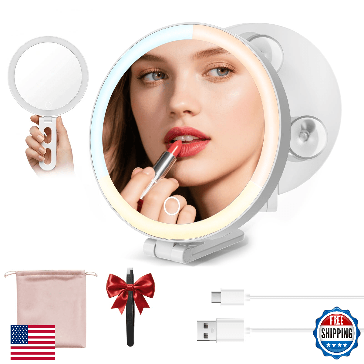 Travel Makeup Mirror with Lights, Lighted Magnifying Mirror 10X, 4-in-1 Portable - Image 1