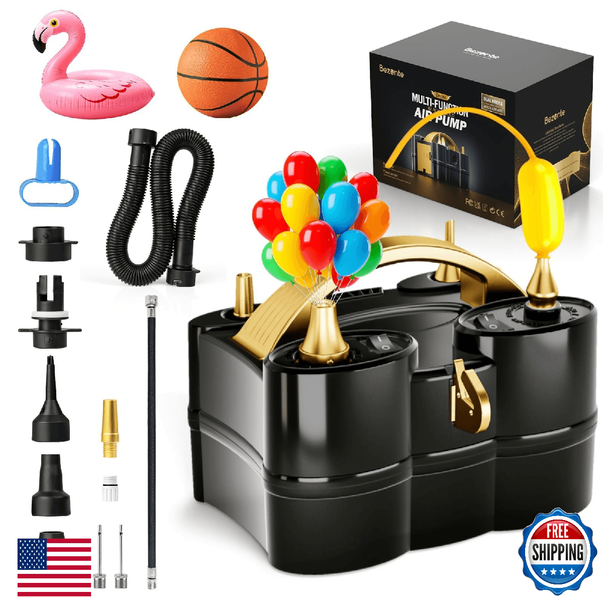 Bezente Balloon Pump Electric 4-in-1 Portable Black Gold Balloon Inflator Dual N - Image 1