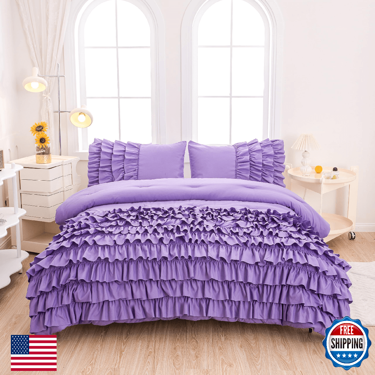 MWMWMW Queen Lavender Ruffle Comforter Set Girls Purple Bedding 5 Piece Set - Image 1