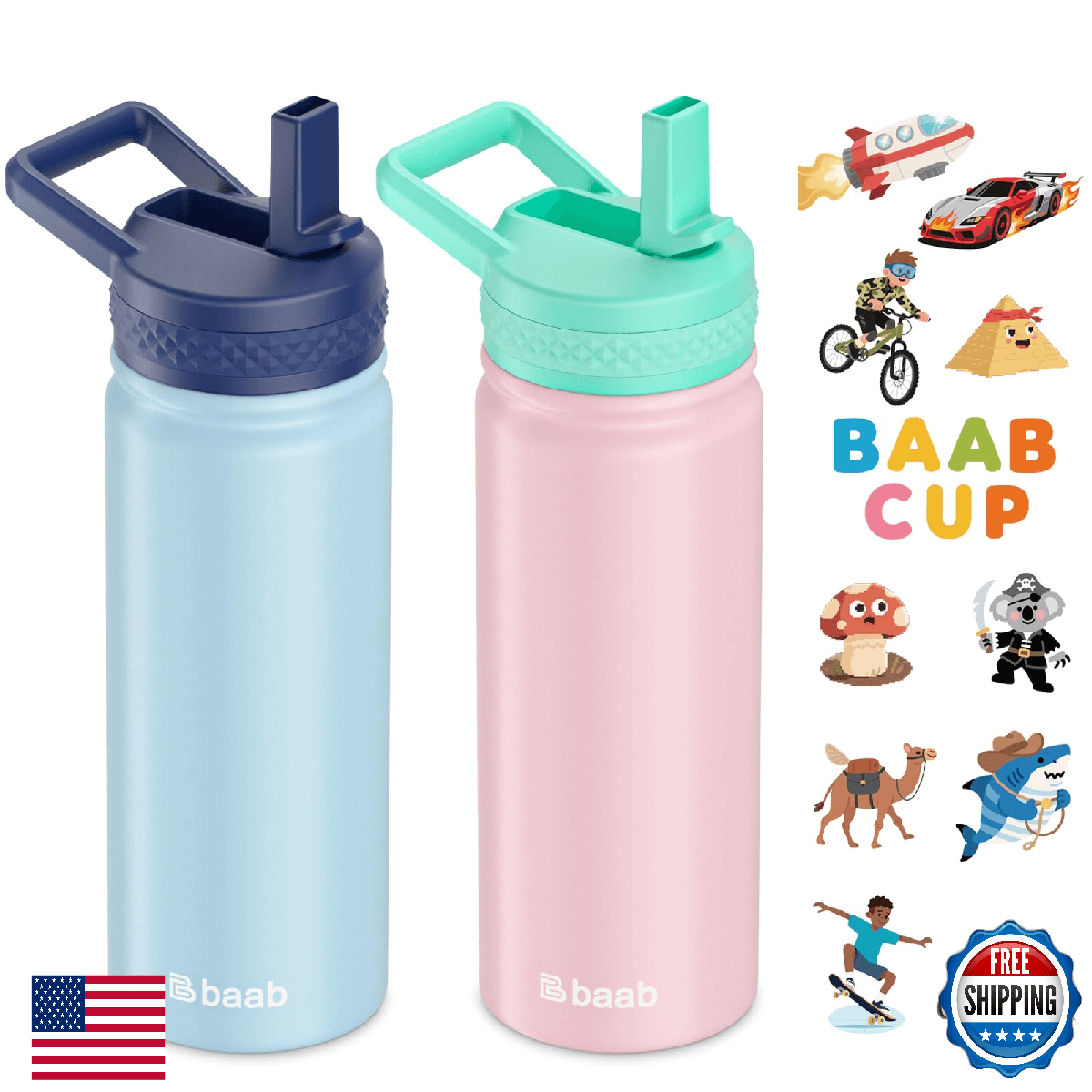 baab 18oz Kids Water Bottle, Insulated Water Bottle with Straw & Stickers, 18/8 - Image 1