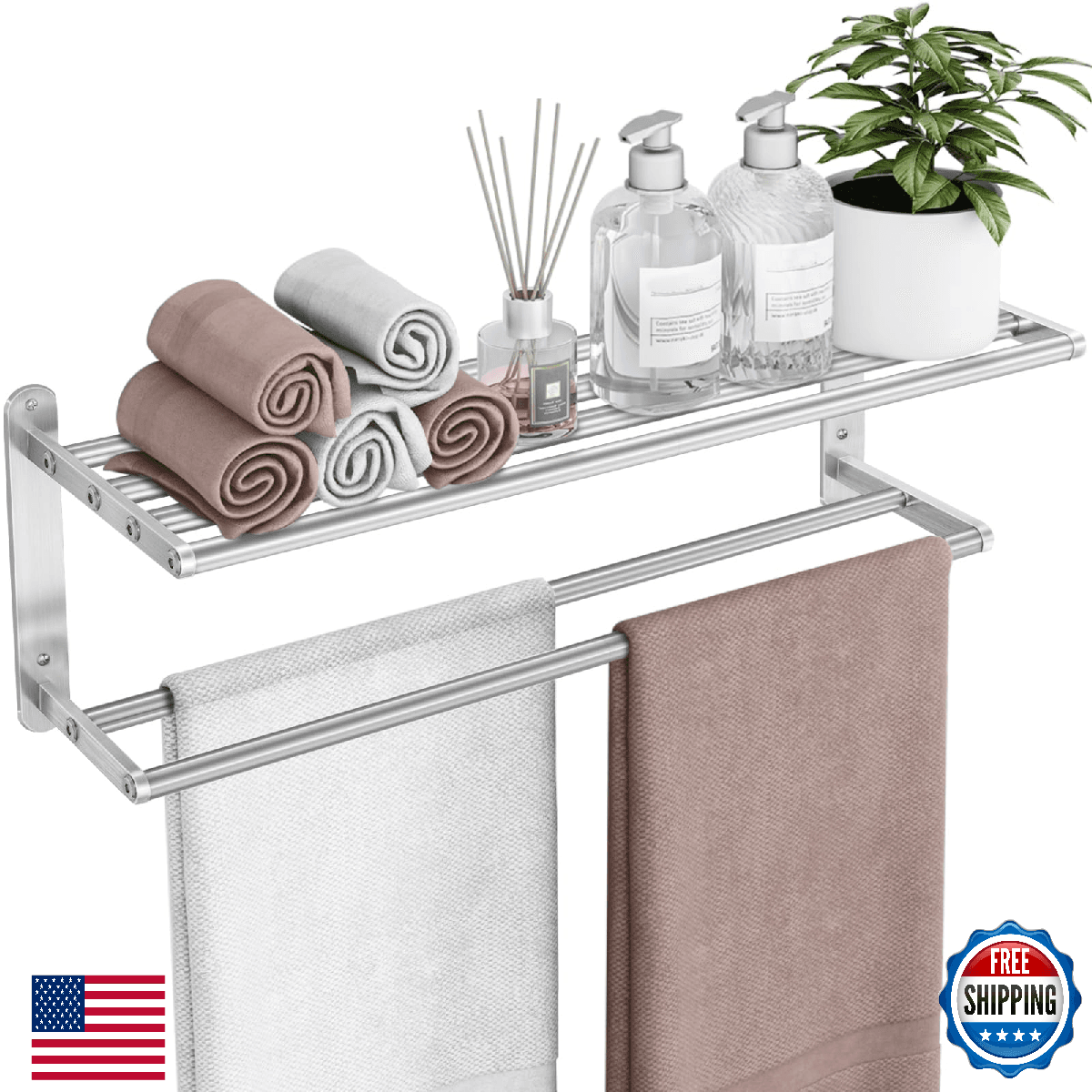 VOTZAAQ Towel Racks for Bathroom - 24 in Bath Towel Shelf with Double Towel Bar, - Image 1