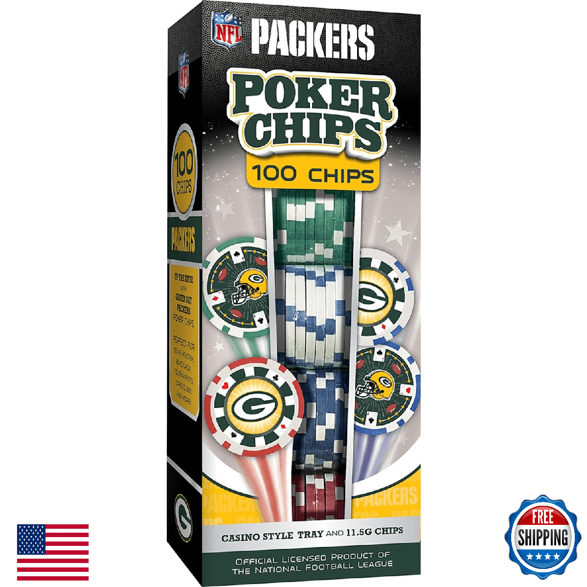 MasterPieces Green Bay Packers NFL Poker Chips 100pc Set W/ Tray Casino Style - Image 1