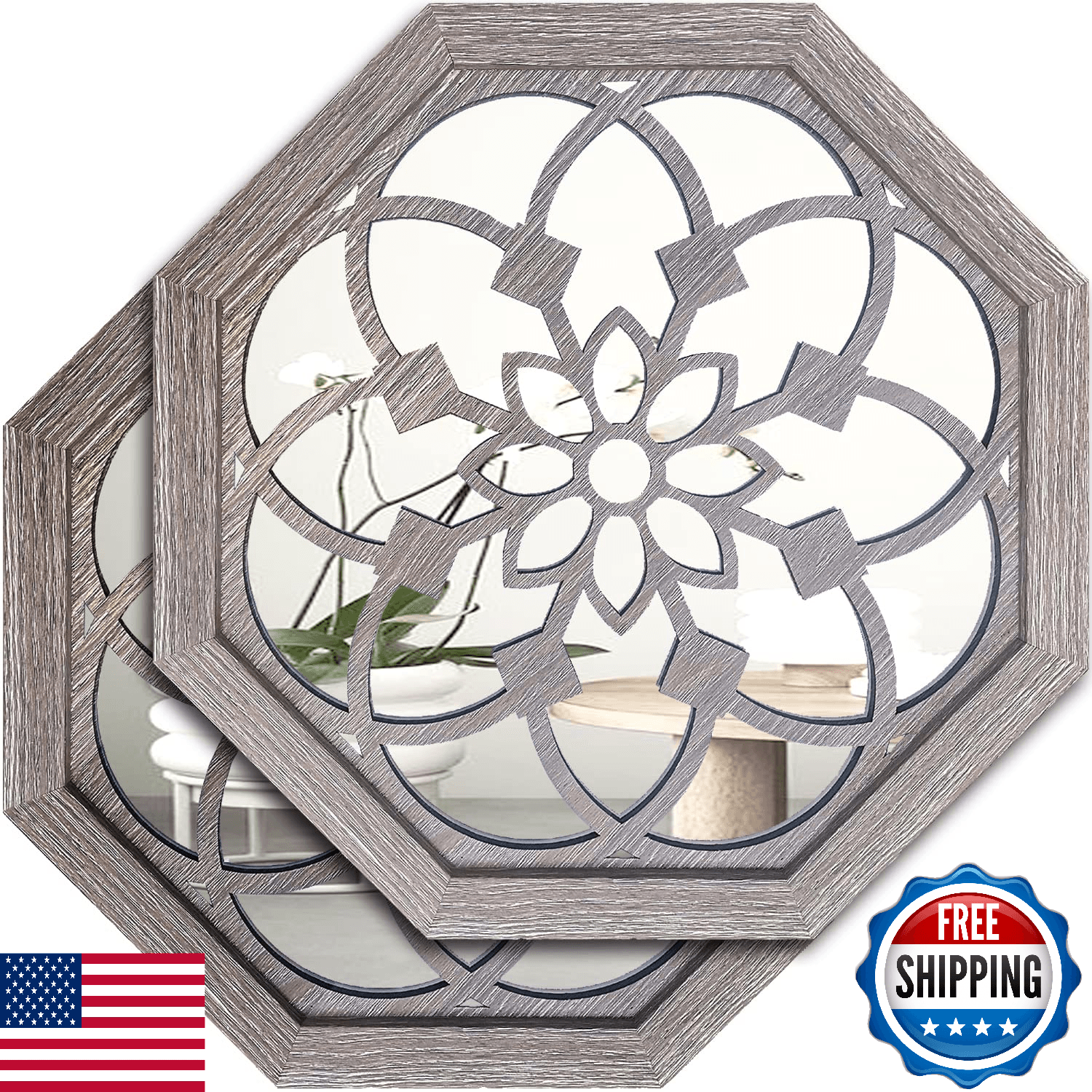 ZOLAPI 20" Octagon Wall Mounted Mirrors 2-Pack Vintage Farmhouse Decor Barn Wood - Image 1