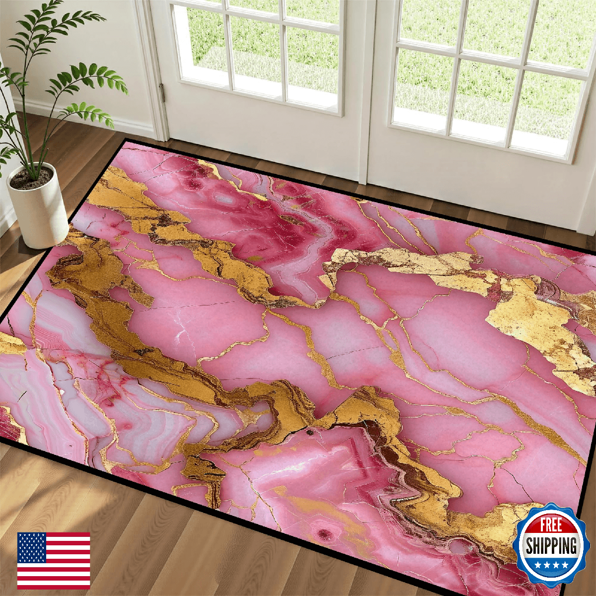 EDGZKO Pink Marble Area Rug: 3x5 Feet Abstract Pink Gold Rugs Modern Luxury Door - Image 1