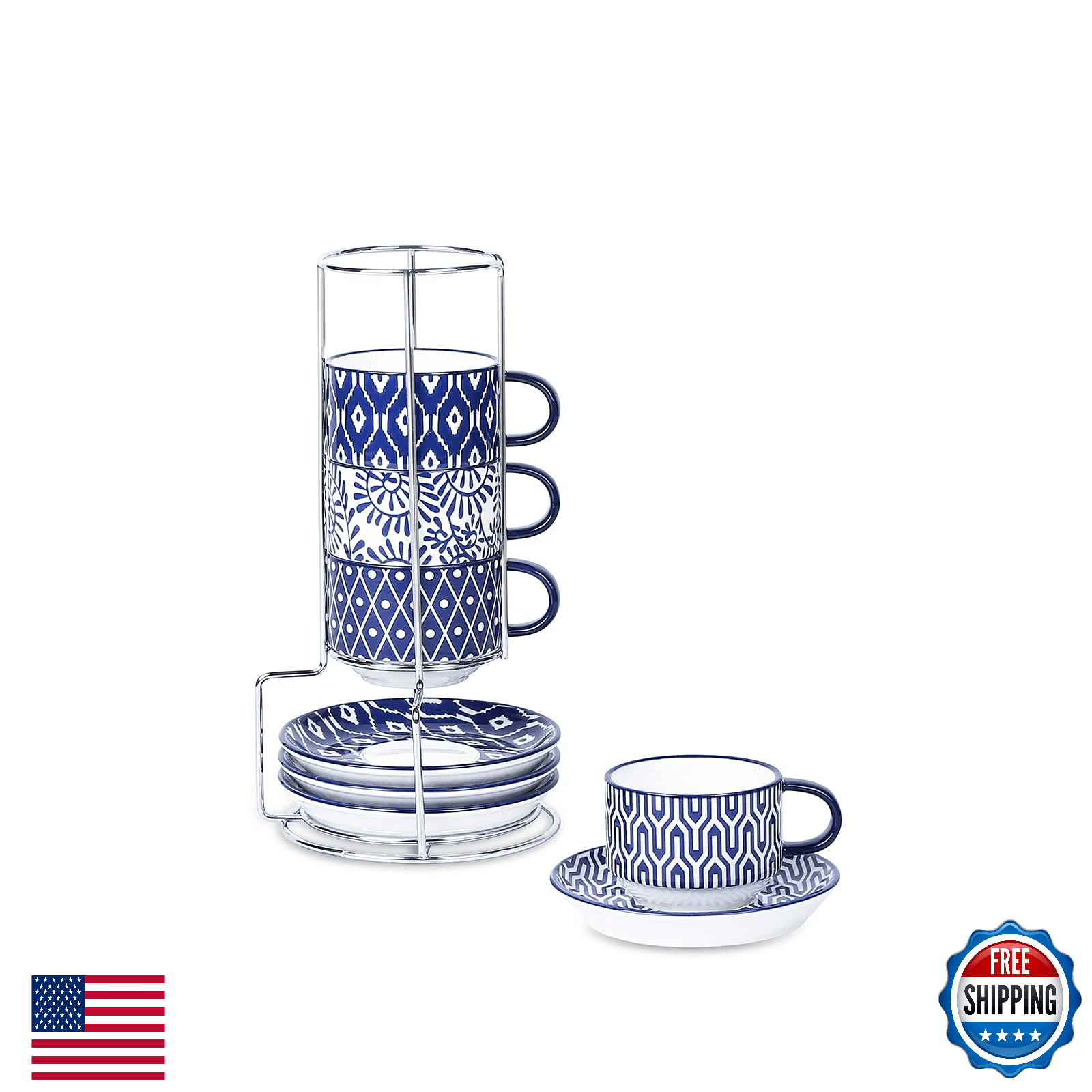 Selamica Ceramic Espresso Cups with Saucers and Metal Stand, 4 OZ Stackable Capp - Image 1