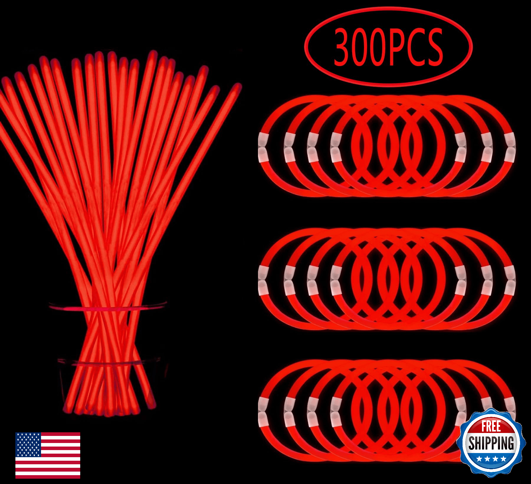 300 Red Glow Sticks Bulk Bracelets Necklaces Party Favors Light Up Fun - Image 1