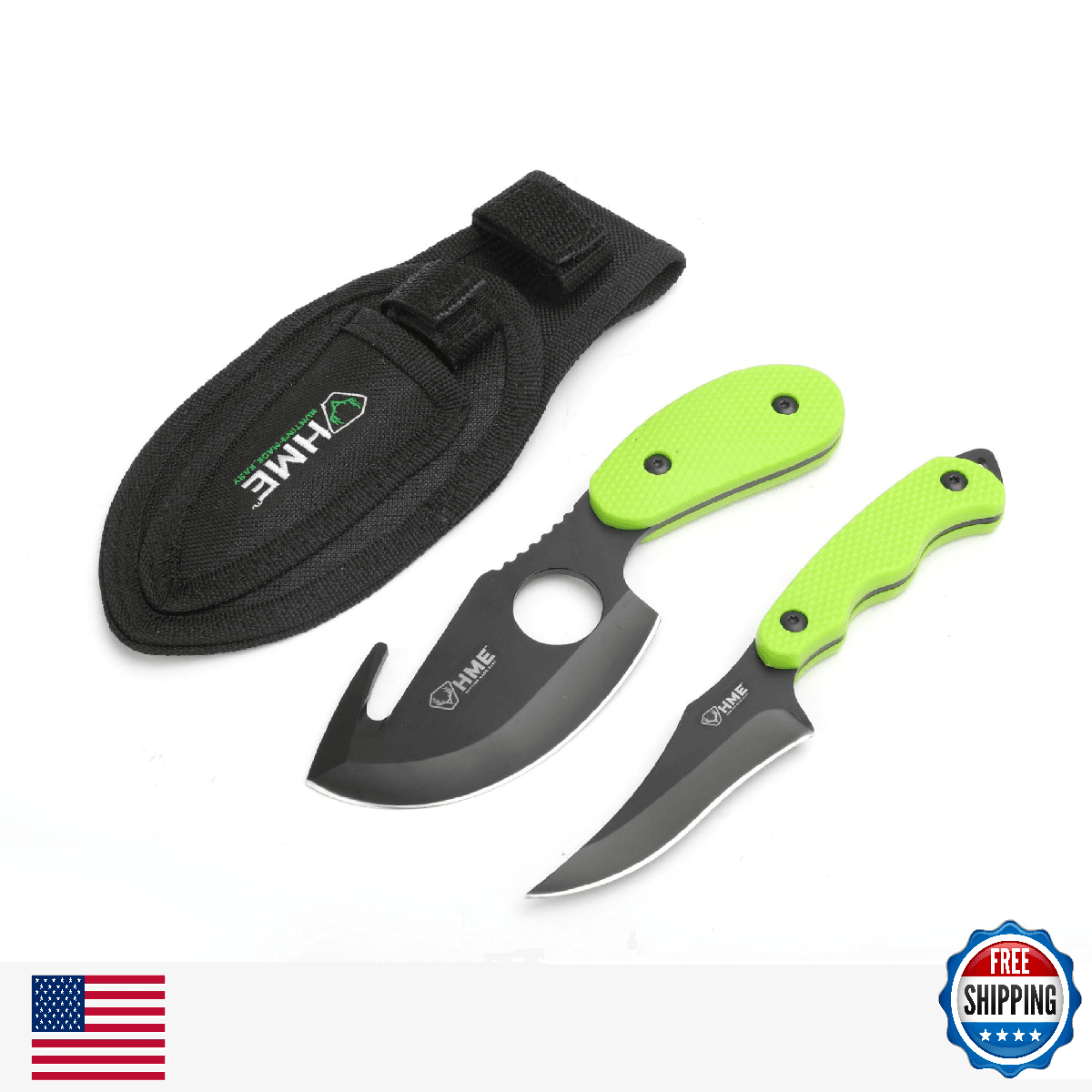 HME 2-Pc Field Skinning Gut Cape Knife Kit 3.5" Hook & Fixed Blade 420HC - Image 1