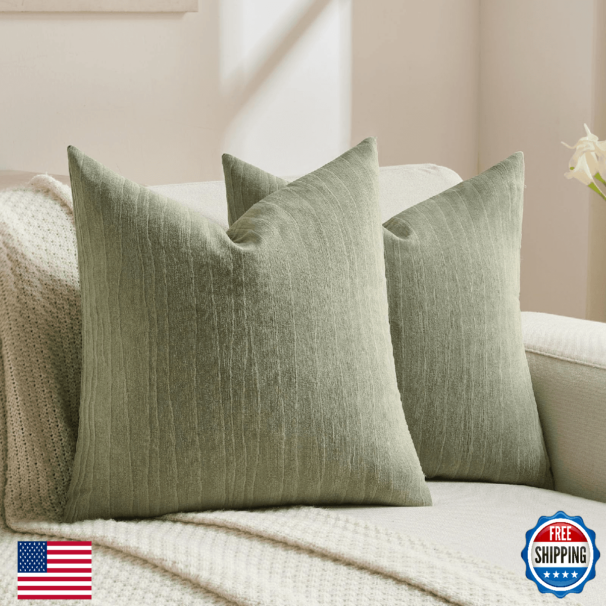 FUTEI Sage Green Chenille Decorative Throw Pillow Covers 20x20 Inch Set of 2,Sof - Image 1