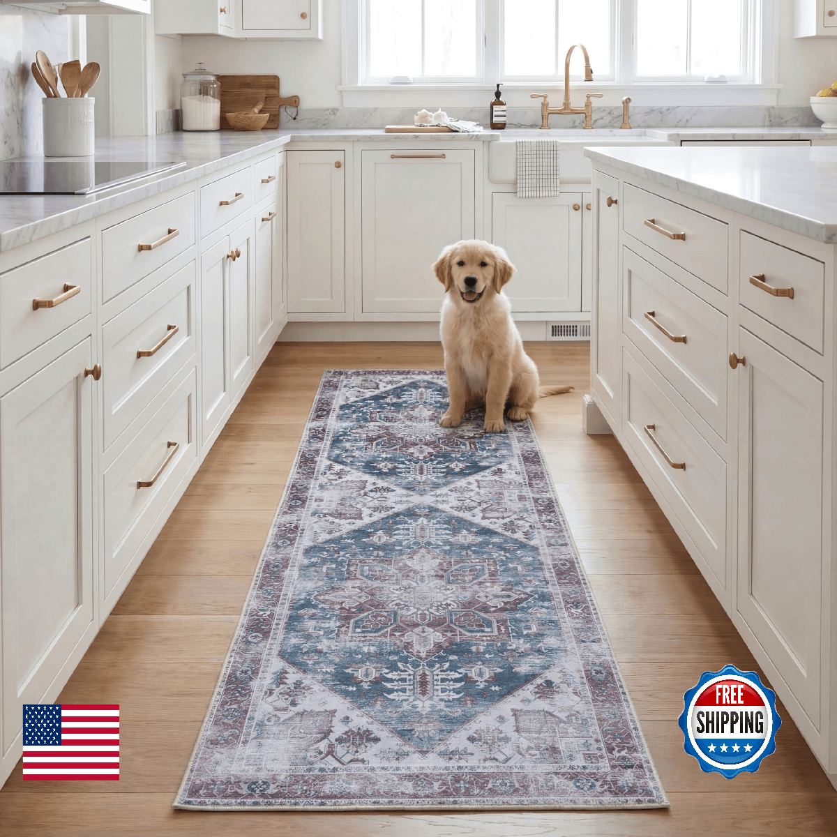 SAFAVIEH Washable Rug Tucson Collection - 2'6" x 10' Runner, Navy & Red, Slip Re - Image 1