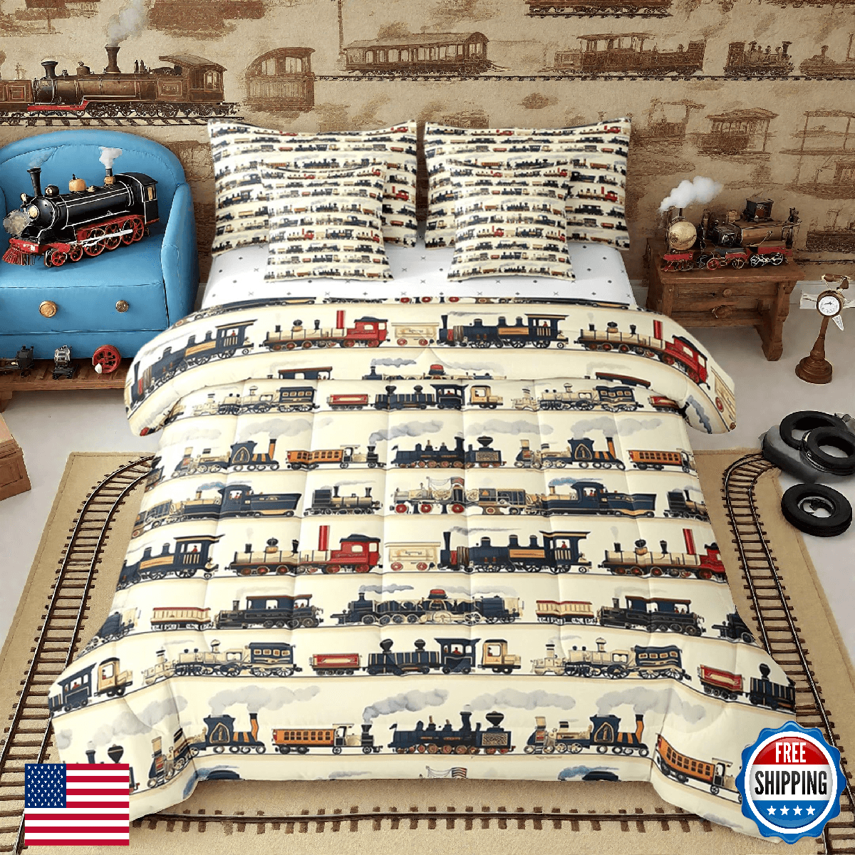 Feelyou Vintage Train Comforter Set Twin 7 Pcs Retro Steam Engine Retro Steam Lo - Image 1