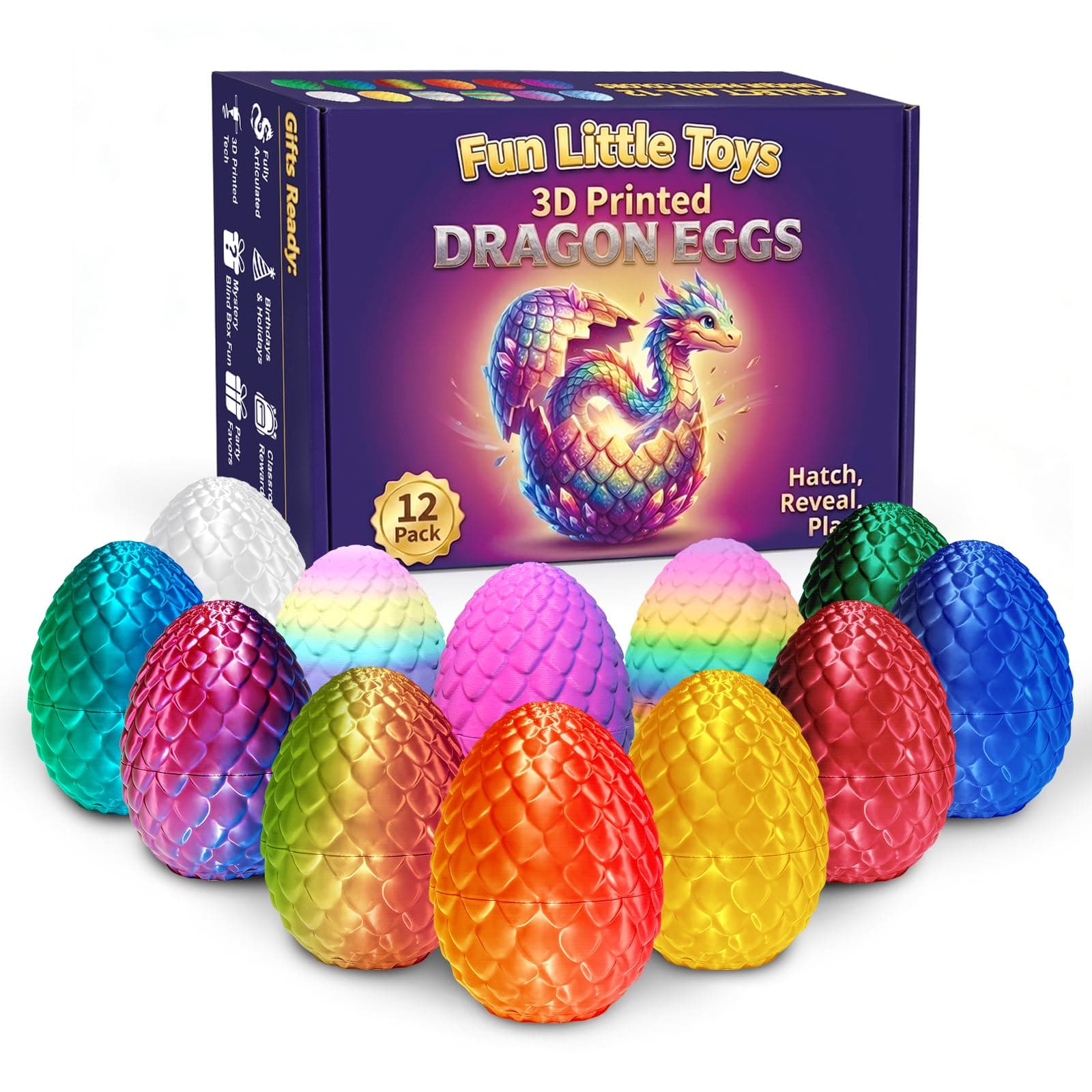 FUN LITTLE TOYS 12-Pack 3D Printed Dragon Eggs with Articulated Dragons - No Dup - Image 1