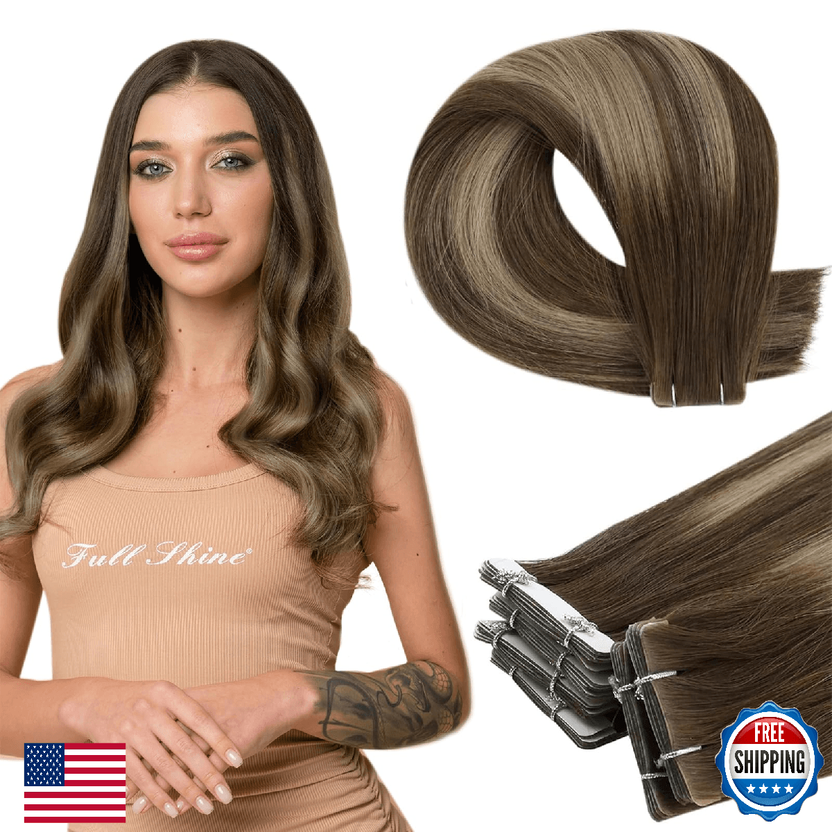 Full Shine 14" Tape-In Human Hair Extensions Machine Virgin Quality - Image 1