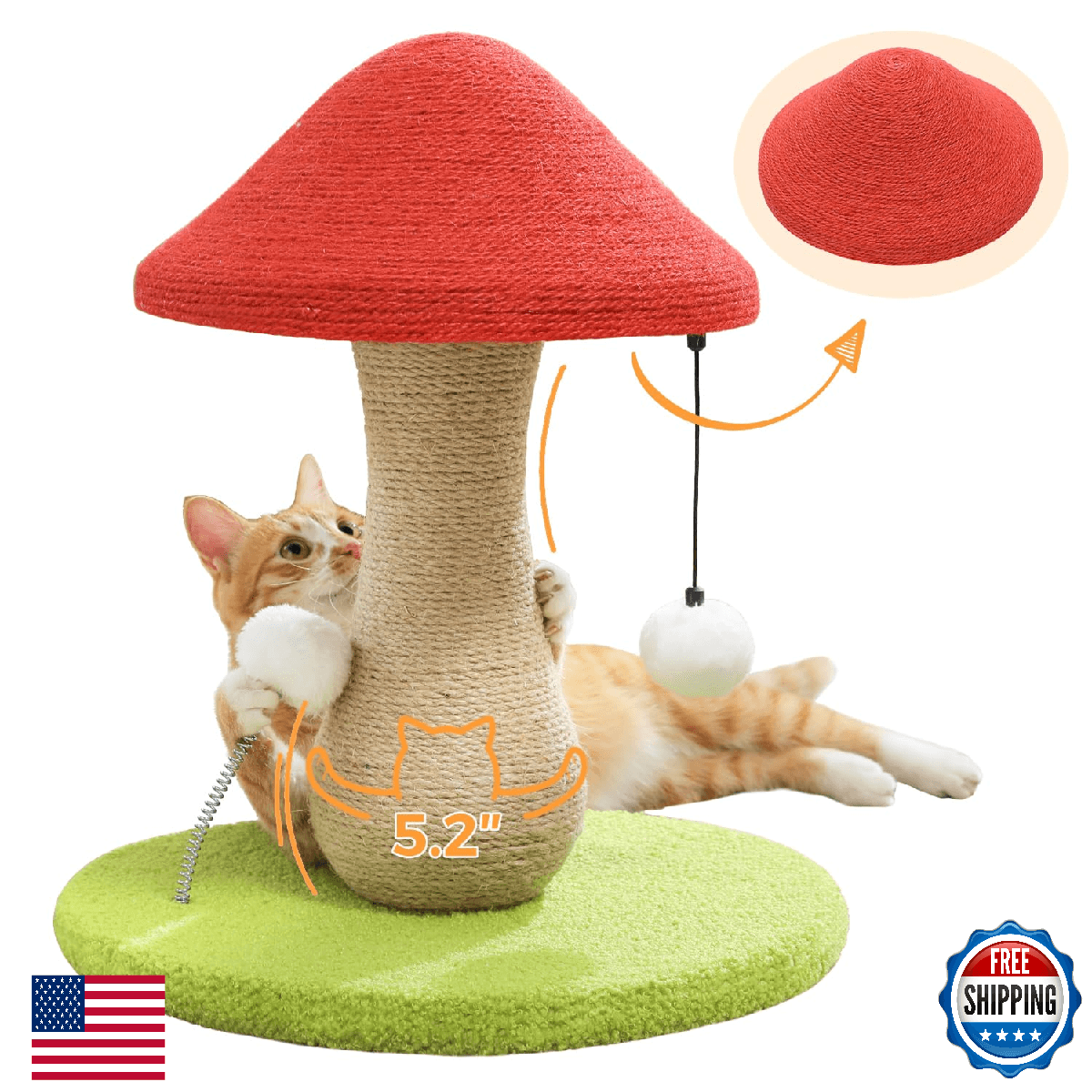 PETEPELA Mushroom Cat Scratching Post w/ 100% Sisal, Large Base & Spring Toy - Image 1