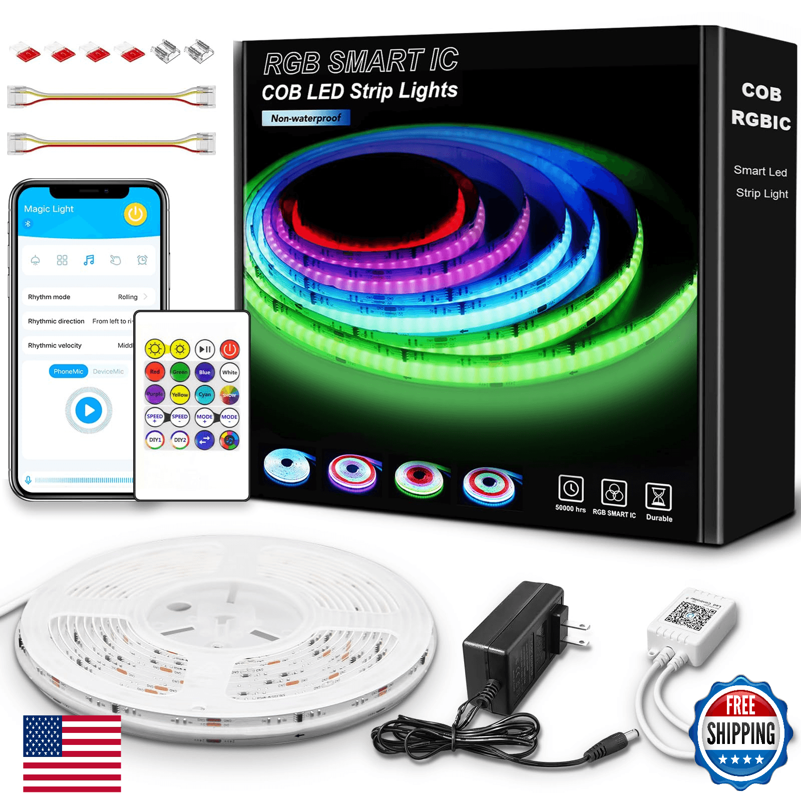 GUPUP 16.4ft COB RGB Smart IC LED Strip Lights Addressable Color Chasing Tape 24 - Image 1