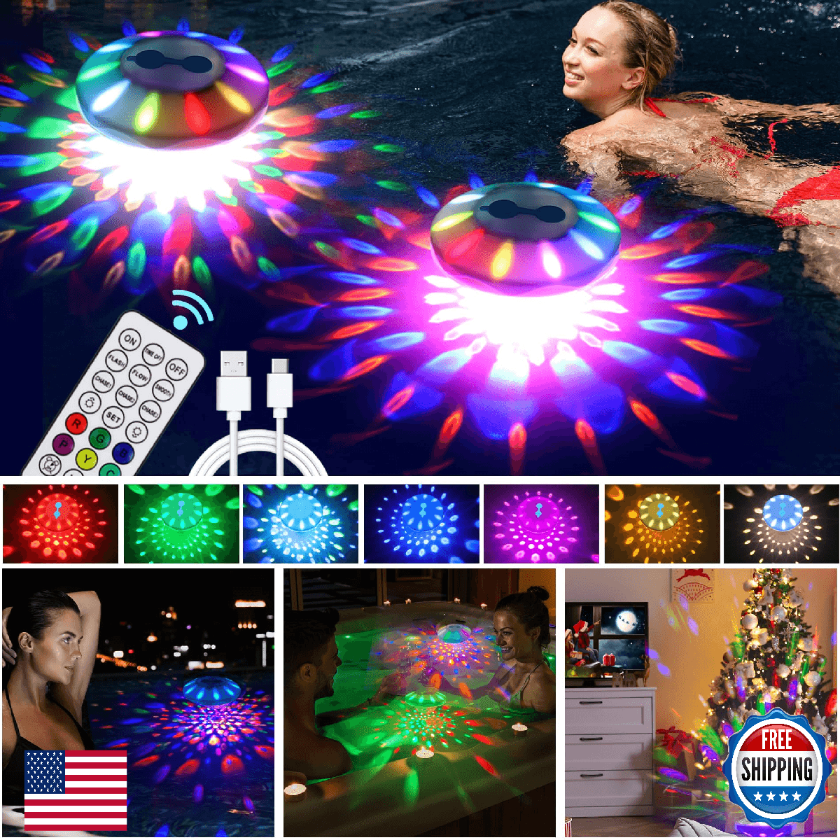 2-Pack Rechargeable Floating Pool Lights - RGB, IP68 Waterproof, USB-C - Image 1