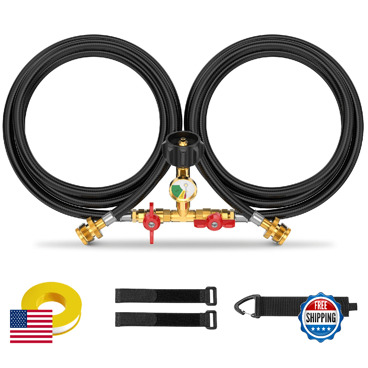 5ft Propane 2 Way Y Splitter Adapter Hose with Gauge, 1 lb to 20 lb Converter wi - Image 1