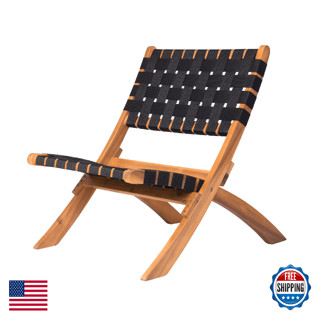 Balkene Home Sava Folding Chair - Acacia Wood, Woven Seat, Indoor/Outdoor Black - Image 1