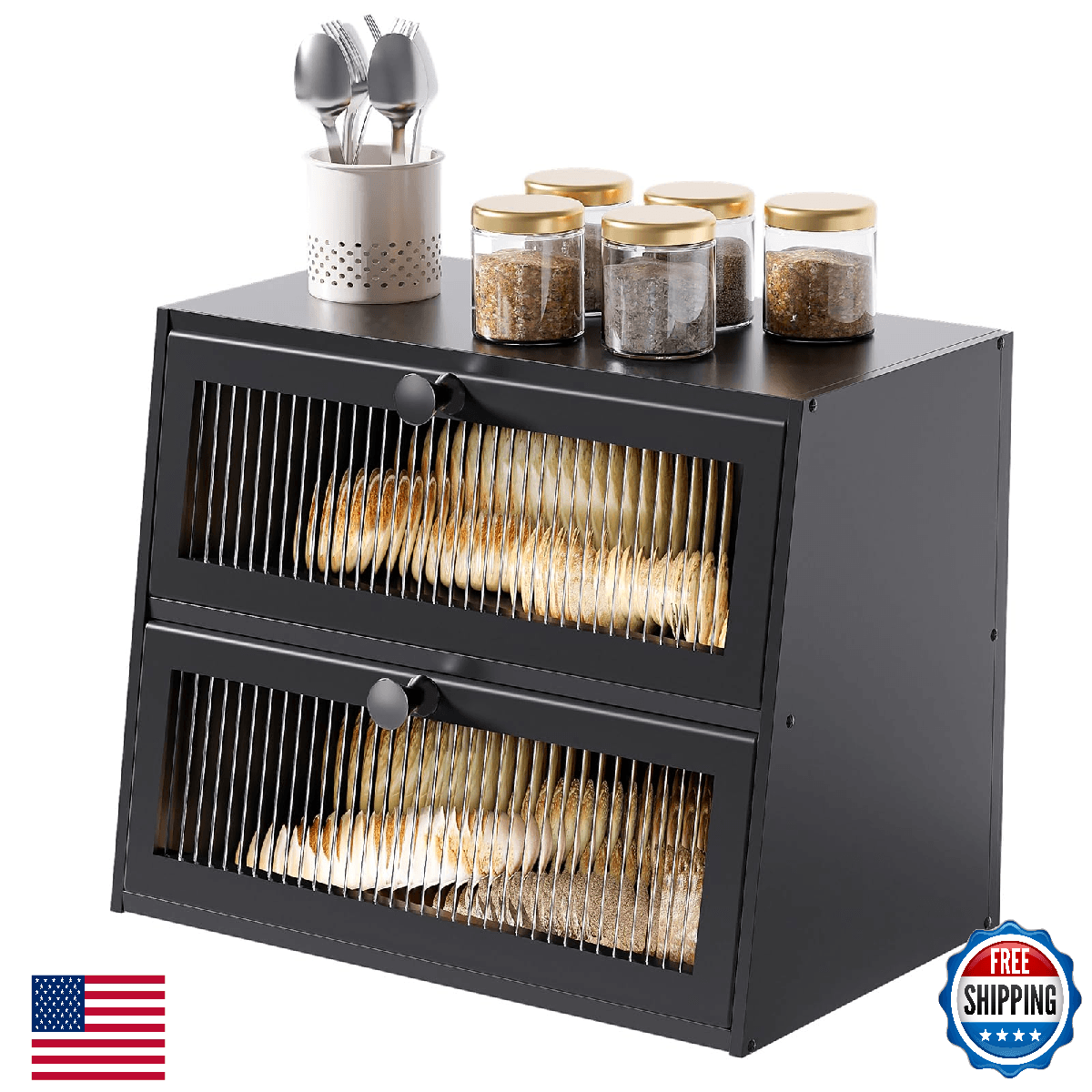 JUATPNIY Extra Large 2-Layer Bamboo Bread Box for Kitchen Countertop Wood - Image 1