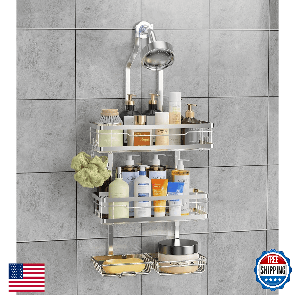 OMAIRA Shower Caddy Hanging with Soap Scrub Holder, Stainless Steel Adjustable N - Image 1