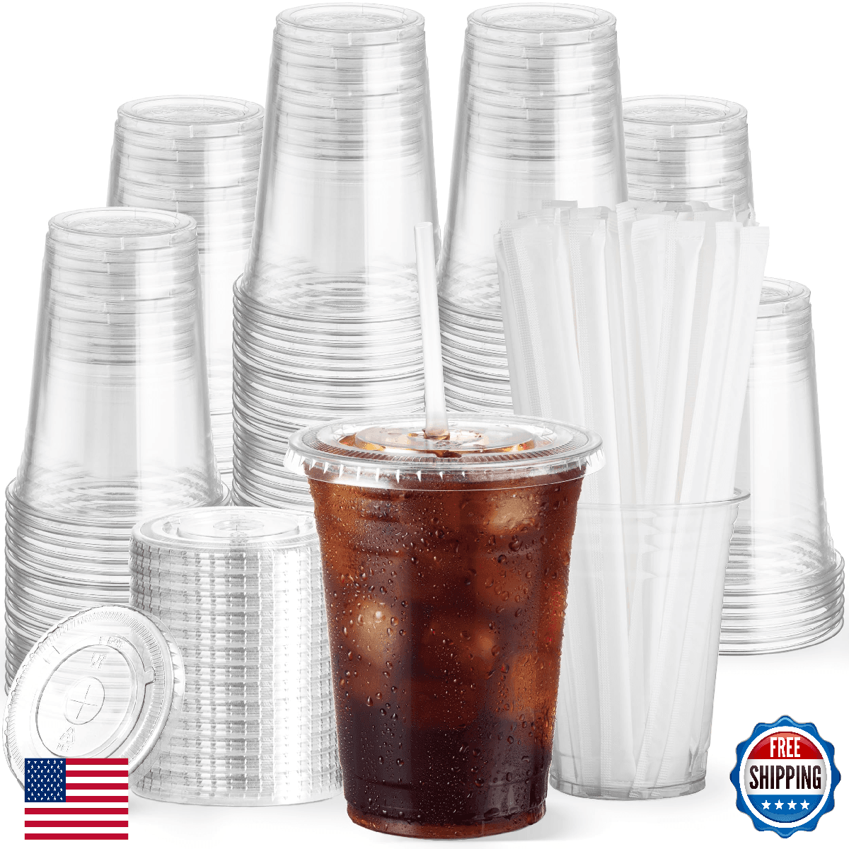 Boxential 100 Pack 16 oz Clear Plastic Cups with Lids and Straws, Disposable Cof - Image 1