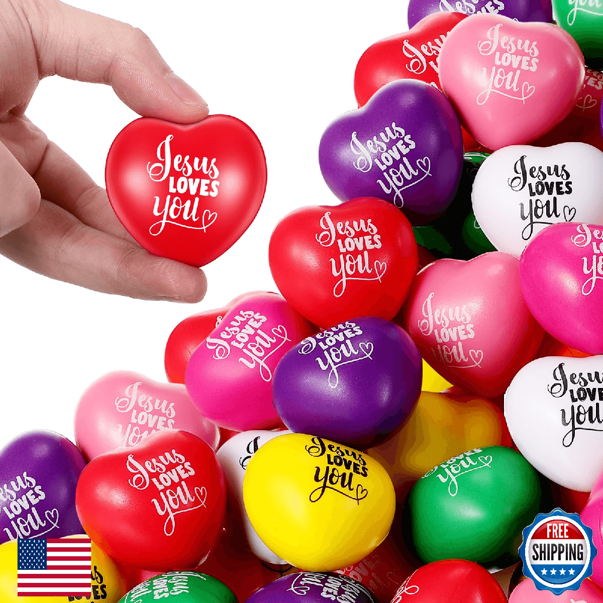 Zubebe 48 Pcs 'Jesus Loves You' Heart Stress Balls Bulk 1.57 Inch Heart Shaped f - Image 1