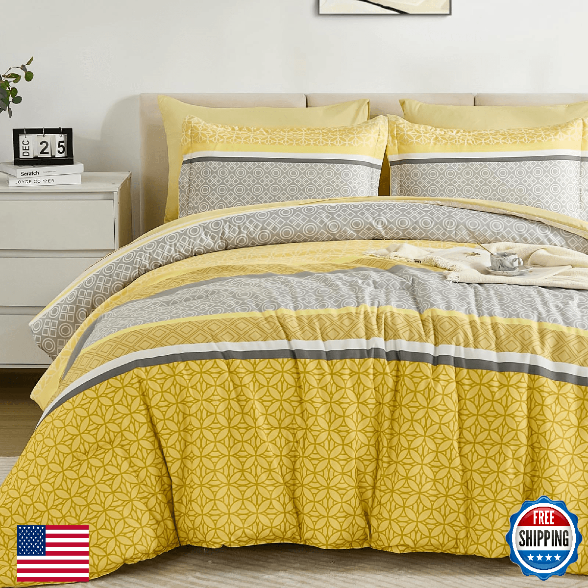 WONGS BEDDING Yellow Comforter Set Queen Size 7 Pieces Striped Bed in a Bag Micr - Image 1