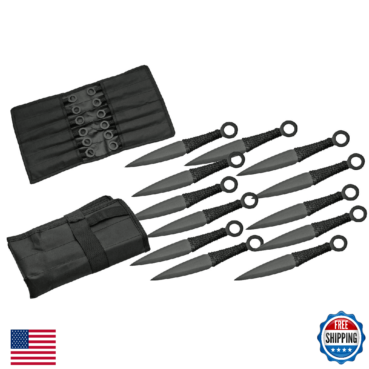 Szco Supplies 12-Piece Black Kunai Throwing Knife Set w/ Roll-Up Pouch - Image 1