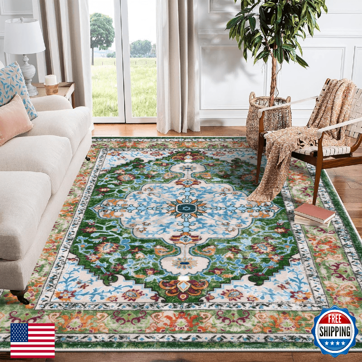 UArtlines Boho Vintage 6x9 Washable Area Rug Low Pile Soft Floor Carpet - Image 1