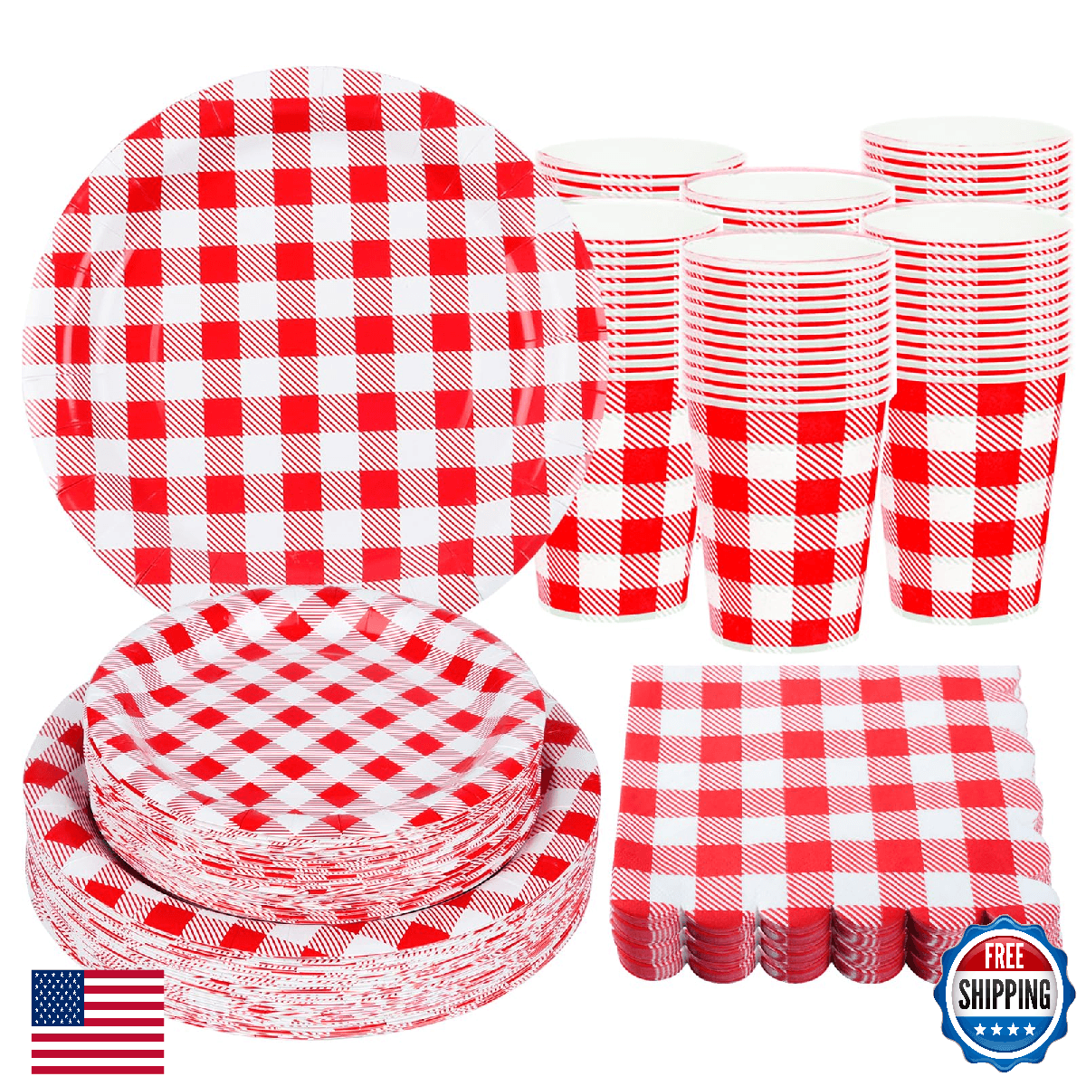 200Pcs Christmas Red Gingham Party Supplies Red Gingham Paper Plates and Napkins - Image 1