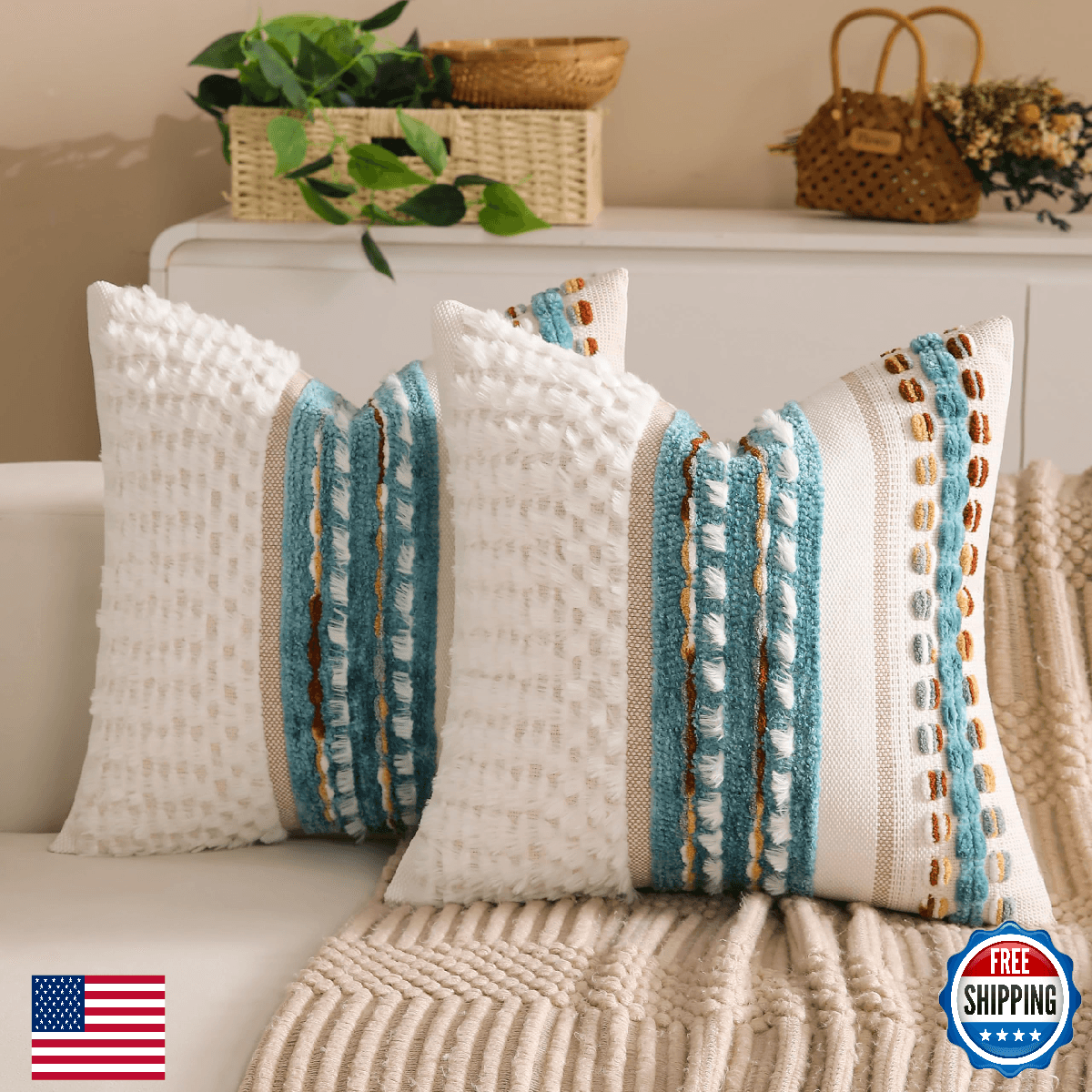 KOOLIFE Boho Chenille Tufted Couch Throw Pillow Covers 18x18 Inch Set of 2 Farmh - Image 1
