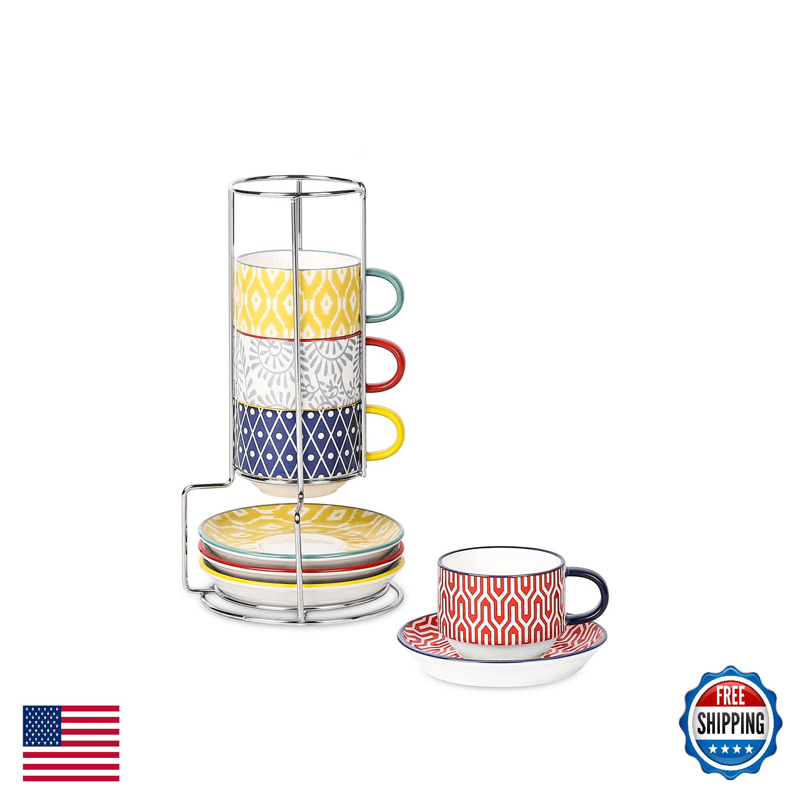 Selamica Ceramic Espresso Cups with Saucers and Metal Stand, 4 OZ Stackable Demi - Image 1