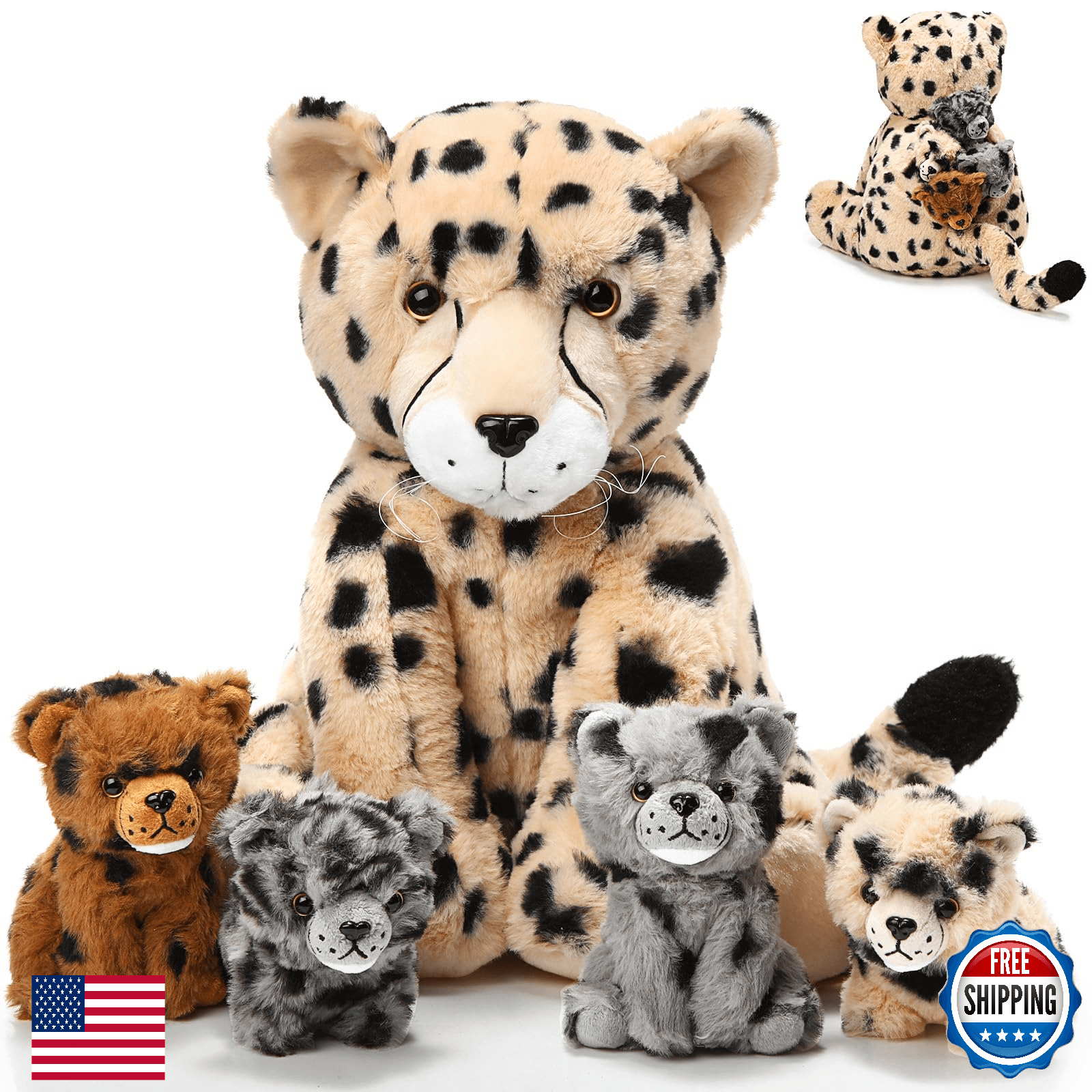 Silipull Cheetah Stuffed Animal Set: Mommy Plush (17") w/ 4 Cubs (4.7") - Image 1
