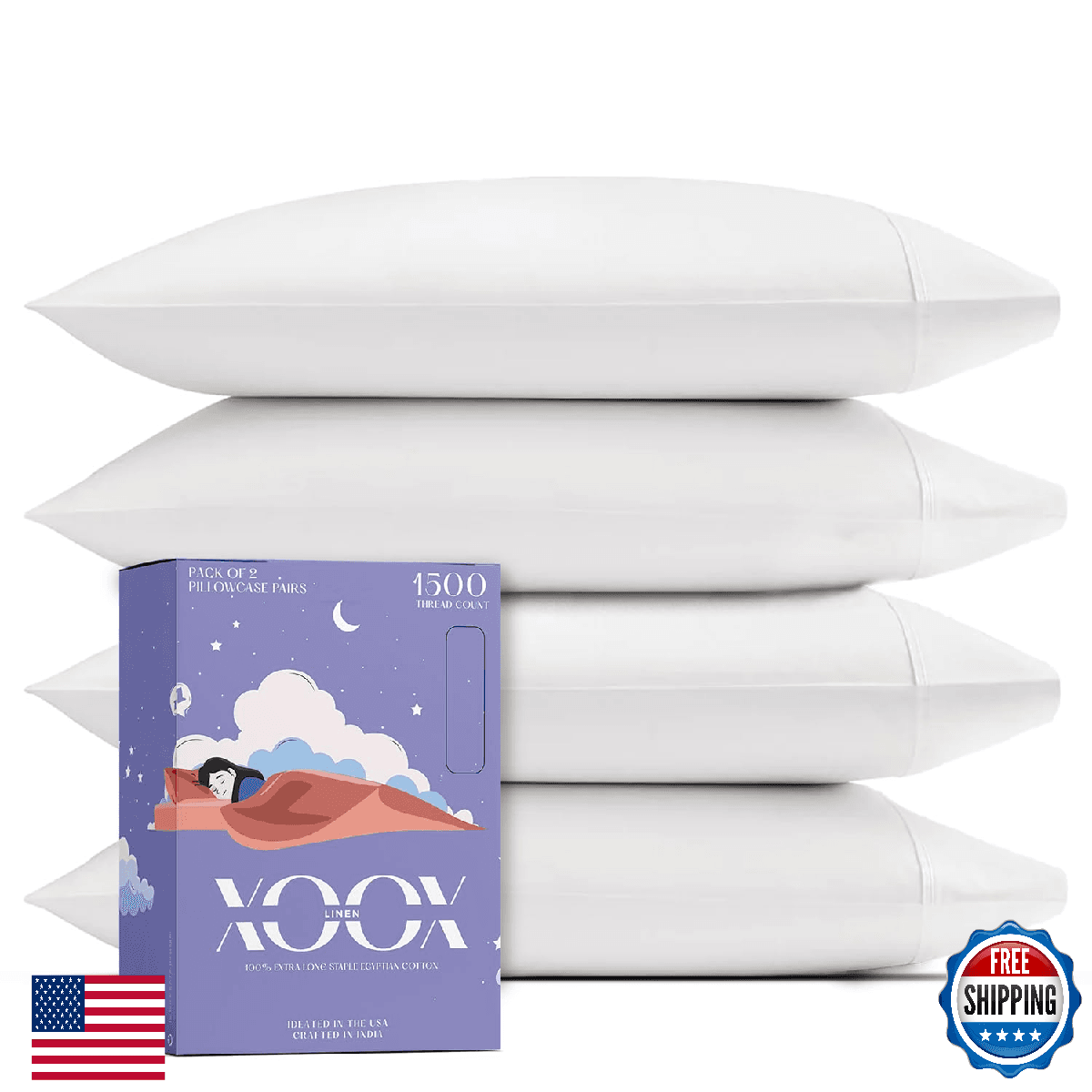 XOOX Linen 100% Egyptian Cotton King Size Pillow Cases Set of 4 - Luxury 1500 Hi - Image 1