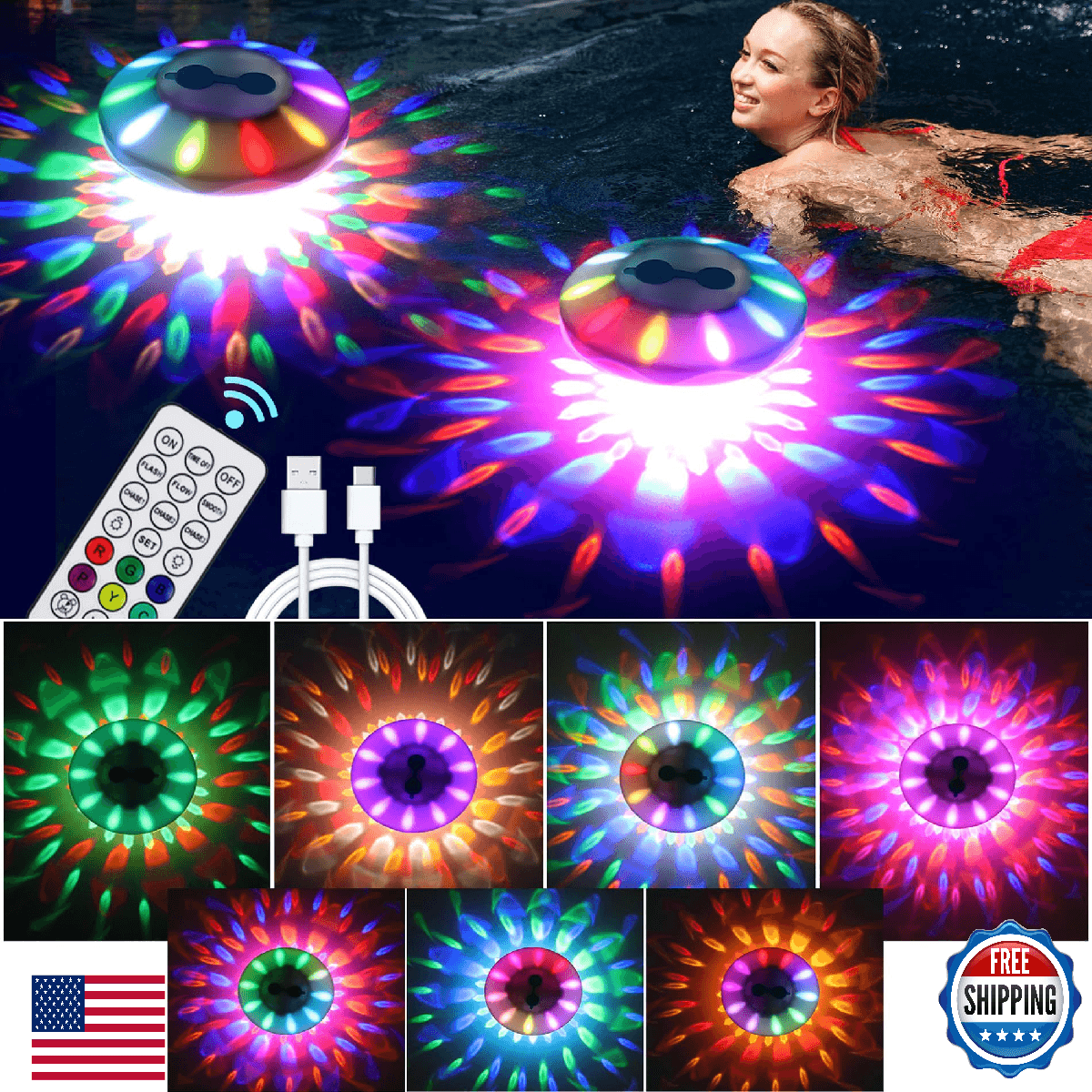 WANTERONG 1 Pack RGB Rechargeable Floating Pool Lights LED IP68 Waterproof Color - Image 1