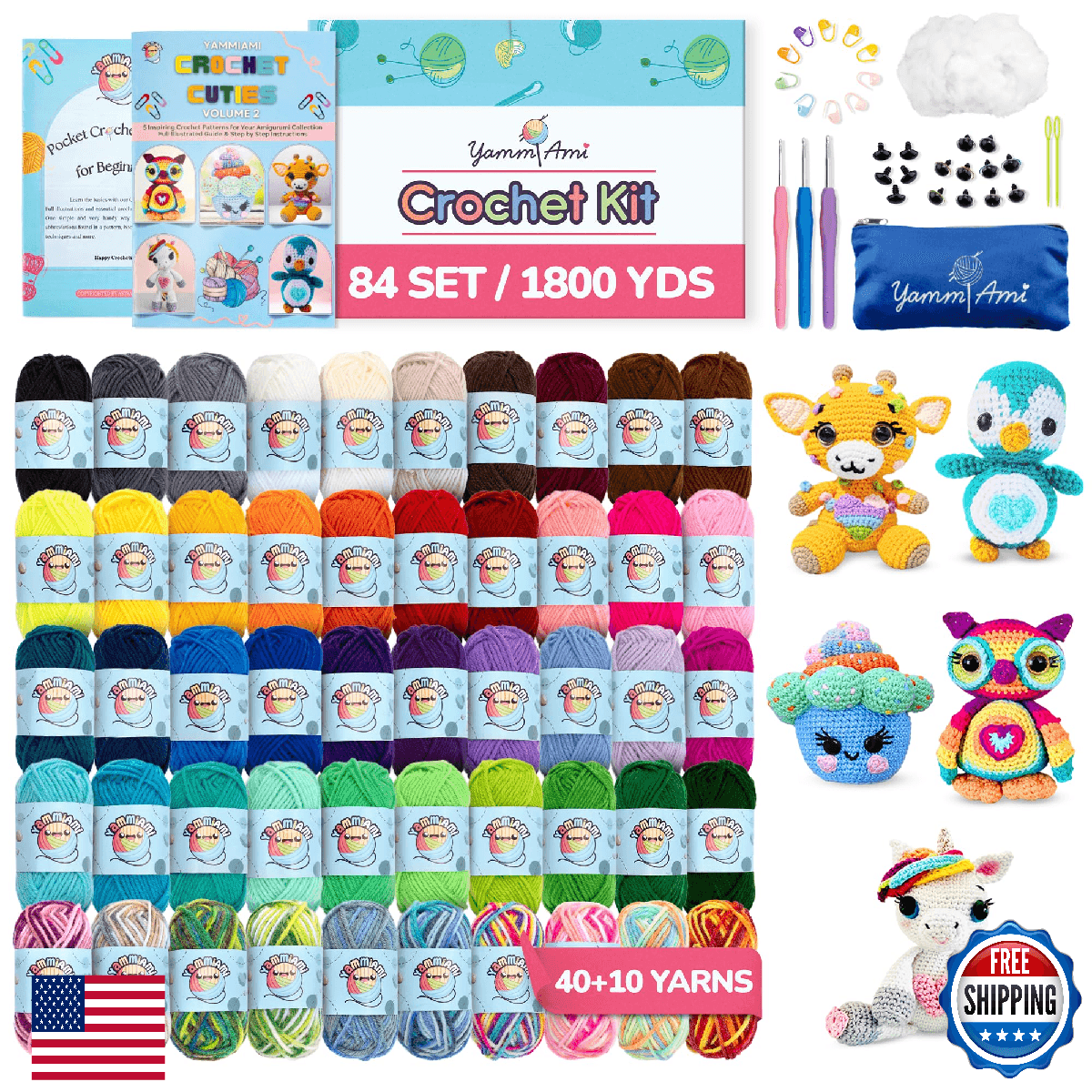 YammiAmi 84 Pc Beginner Amigurumi Crochet Kit for Adults - 1,800 Yards Yarn - Image 1