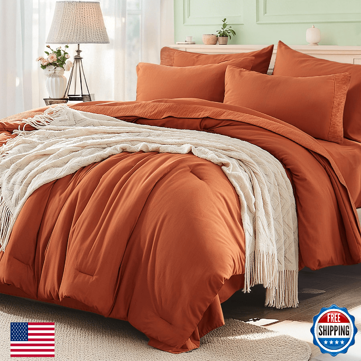 Anluoer Burnt Orange Queen Comforter Set 7 Pieces Bed in a Bag All Season Beddin - Image 1