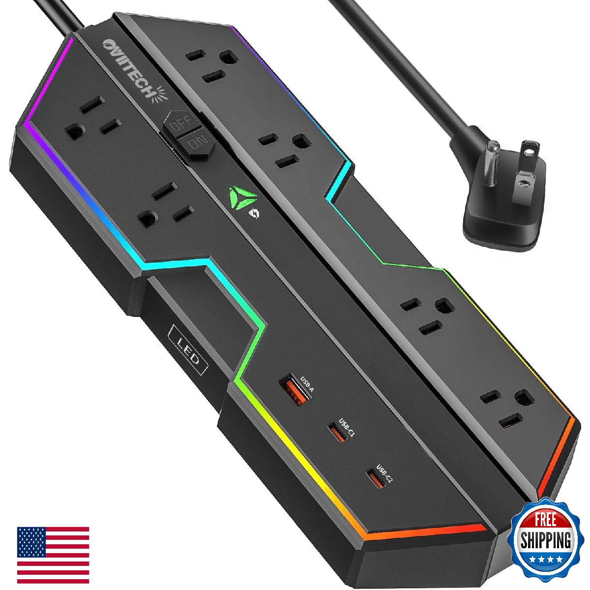 4000J Surge Protector Power Strip with USB Ports, 6 Outlets with RGB Lights and - Image 1