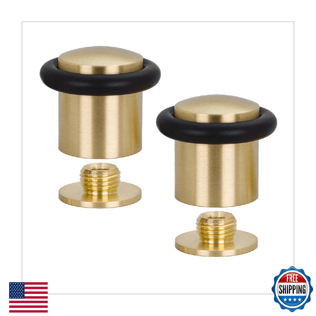 2 Brass Floor Door Stops Screw Fastening Rubber Protector 0.95x1.18 Inch - Image 1